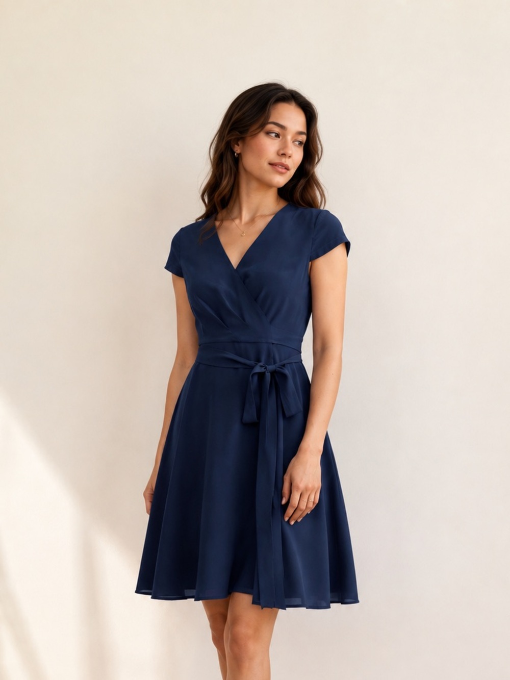 NWT 100% Mulberry Silk Crepe de Chine Wrap Midi Dress Navy Blue